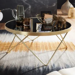 FineBuy Couchtisch Schwarz Gold Glasplatte Wohnzimmertisch Ø 82 cm