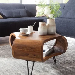 FineBuy Couchtisch Sheesham 55cm Massivholz Wohnzimmertisch Retro Metallbeine