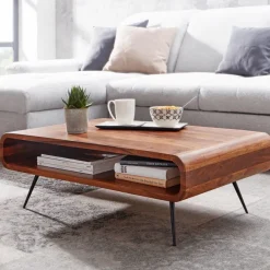 FineBuy Couchtisch Sheesham Massivholz 90cm Retro Design Ablage Wohnzimmertisch