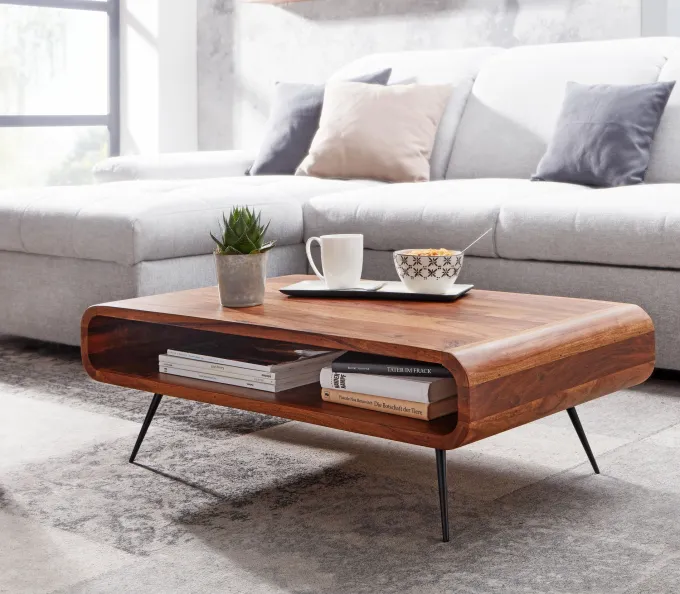 FineBuy Couchtisch Sheesham Massivholz 90cm Retro Design Ablage Wohnzimmertisch