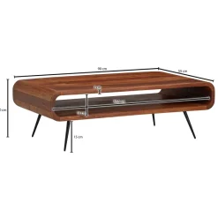 FineBuy Couchtisch Sheesham Massivholz 90cm Retro Design Ablage Wohnzimmertisch