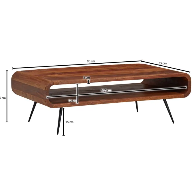 FineBuy Couchtisch Sheesham Massivholz 90cm Retro Design Ablage Wohnzimmertisch
