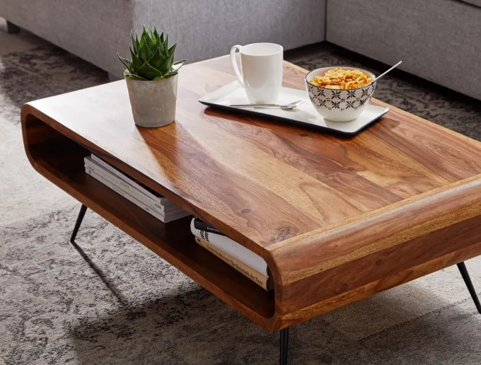 FineBuy Couchtisch Sheesham Massivholz 90cm Retro Design Ablage Wohnzimmertisch