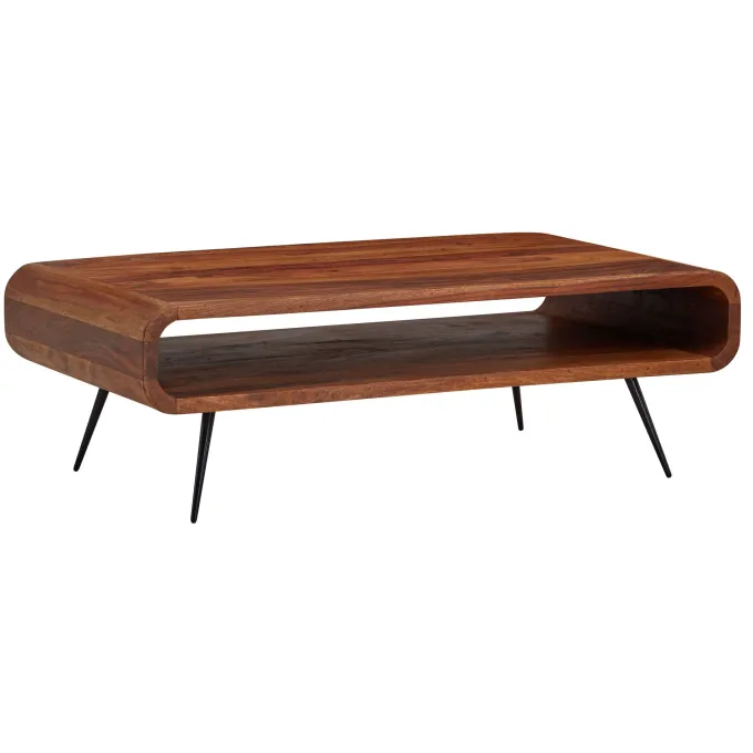 FineBuy Couchtisch Sheesham Massivholz 90cm Retro Design Ablage Wohnzimmertisch