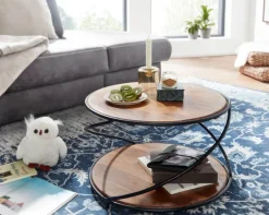 FineBuy Couchtisch Sheesham Massivholz rund Ø 58 cm Wohnzimmertisch Holz Metall