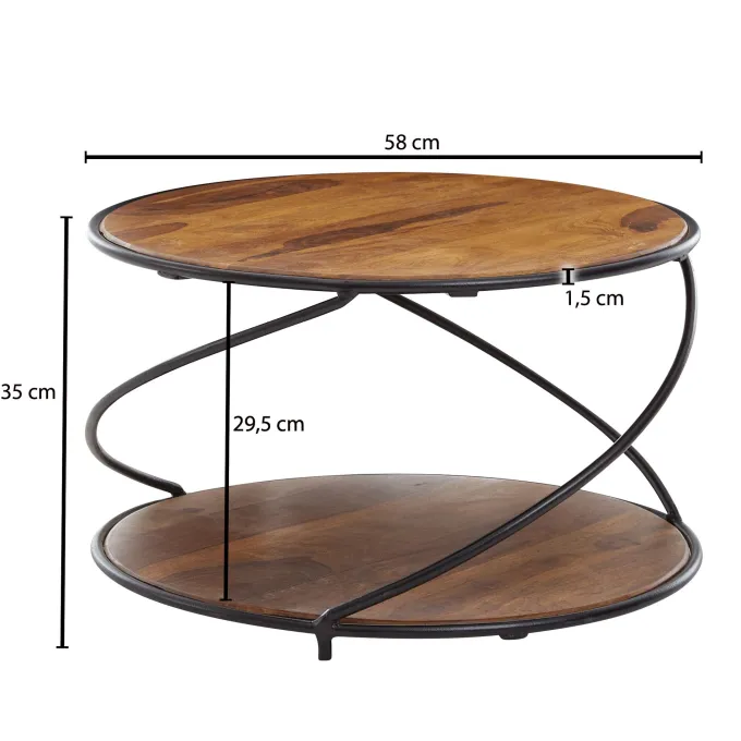 FineBuy Couchtisch Sheesham Massivholz rund Ø 58 cm Wohnzimmertisch Holz Metall