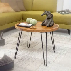 FineBuy Couchtisch Sheesham rund Ø 60 cm Wohnzimmertisch Massivholz Metallbeine