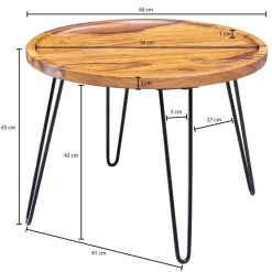 FineBuy Couchtisch Sheesham rund Ø 60 cm Wohnzimmertisch Massivholz Metallbeine