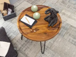 FineBuy Couchtisch Sheesham rund Ø 60 cm Wohnzimmertisch Massivholz Metallbeine