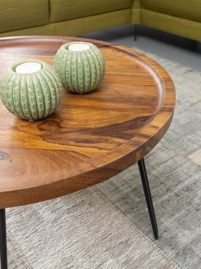 FineBuy Couchtisch Sheesham rund Ø 60 cm Wohnzimmertisch Massivholz Metallbeine