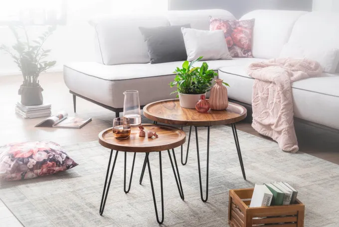 FineBuy Couchtisch Sheesham rund Ø 60 cm Wohnzimmertisch Massivholz Metallbeine