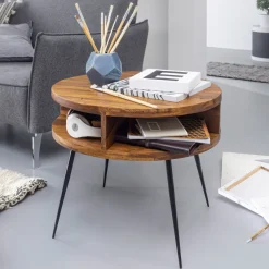 FineBuy Couchtisch Sheesham Massivholz rund Ø 60 cm Wohnzimmertisch Ablage