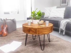 FineBuy Couchtisch Sheesham Massivholz rund Ø 60 cm Wohnzimmertisch Schublade