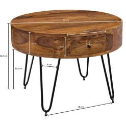 FineBuy Couchtisch Sheesham Massivholz rund Ø 60 cm Wohnzimmertisch Schublade