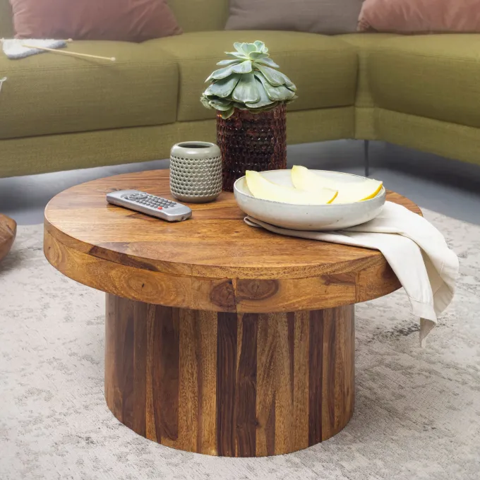 FineBuy Couchtisch Sheesham rund Ø 60 cm Wohnzimmertisch Massivholz 30 cm hoch