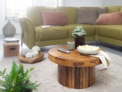 FineBuy Couchtisch Sheesham rund Ø 60 cm Wohnzimmertisch Massivholz 30 cm hoch