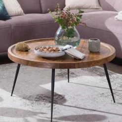 FineBuy Couchtisch Sheesham Massivholz rund Ø 75 cm Wohnzimmertisch Metall Retro