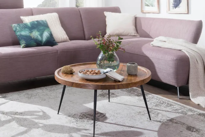 FineBuy Couchtisch Sheesham Massivholz rund Ø 75 cm Wohnzimmertisch Metall Retro