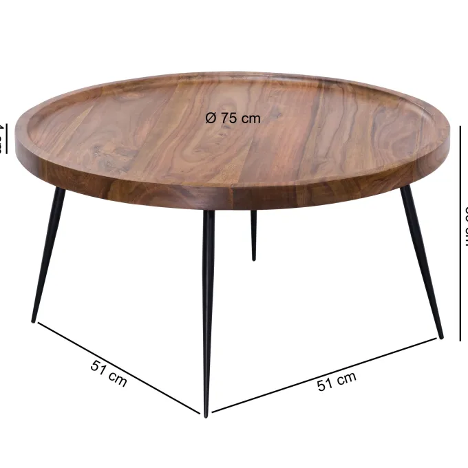 FineBuy Couchtisch Sheesham Massivholz rund Ø 75 cm Wohnzimmertisch Metall Retro