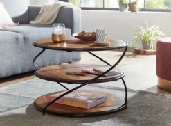 FineBuy Couchtisch Sheesham Massivholz Ø58 cm Ablagen Industrial Wohnzimmertisch