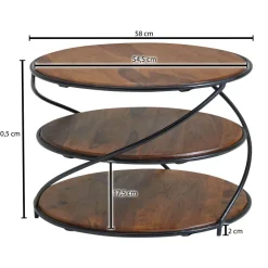 FineBuy Couchtisch Sheesham Massivholz Ø58 cm Ablagen Industrial Wohnzimmertisch