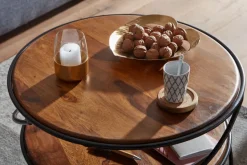 FineBuy Couchtisch Sheesham Massivholz Ø58 cm Ablagen Industrial Wohnzimmertisch
