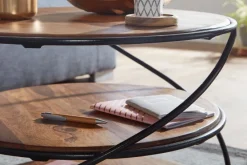 FineBuy Couchtisch Sheesham Massivholz Ø58 cm Ablagen Industrial Wohnzimmertisch