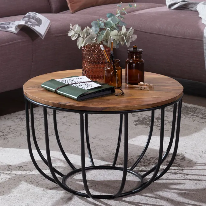 FineBuy Couchtisch Sheesham rund Ø 60 cm Wohnzimmertisch Metallgestell
