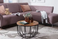 FineBuy Couchtisch Sheesham rund Ø 60 cm Wohnzimmertisch Metallgestell