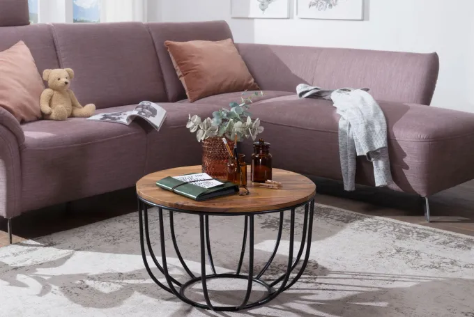 FineBuy Couchtisch Sheesham rund Ø 60 cm Wohnzimmertisch Metallgestell
