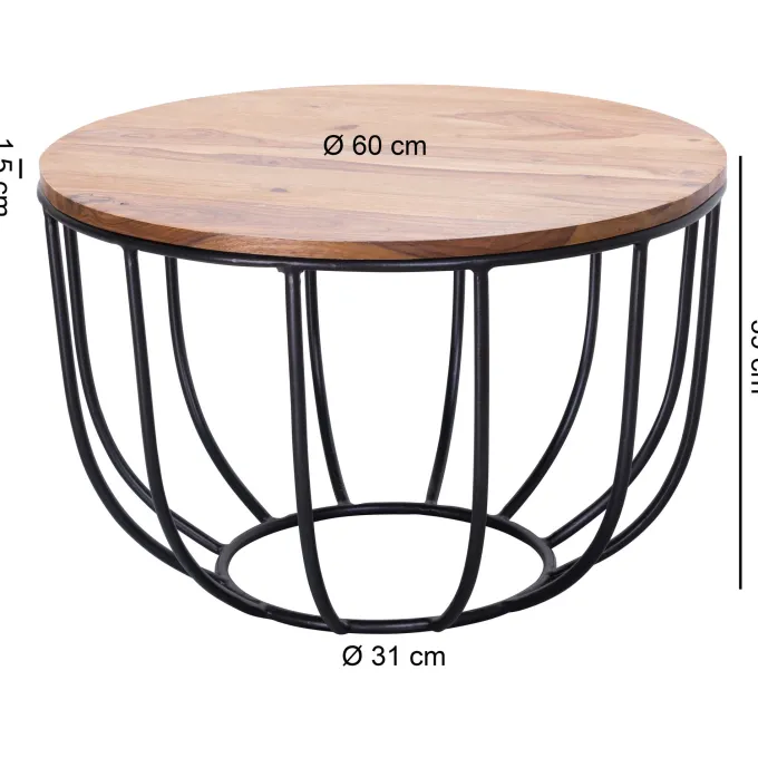 FineBuy Couchtisch Sheesham rund Ø 60 cm Wohnzimmertisch Metallgestell