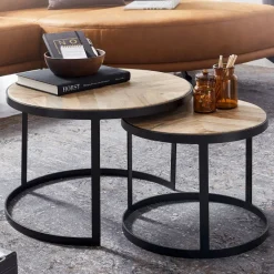 FineBuy Couchtisch 2 teilig Wohnzimmertisch Massivholz Rund Beistelltisch Tisch
