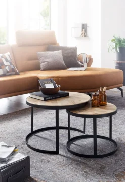 FineBuy Couchtisch 2 teilig Wohnzimmertisch Massivholz Rund Beistelltisch Tisch