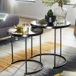FineBuy Couchtisch 2tlg Rund Schwarz Spiegel Glas Wohnzimmertisch Beistelltisch