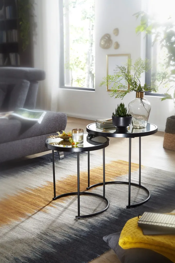 FineBuy Couchtisch 2tlg Rund Schwarz Spiegel Glas Wohnzimmertisch Beistelltisch