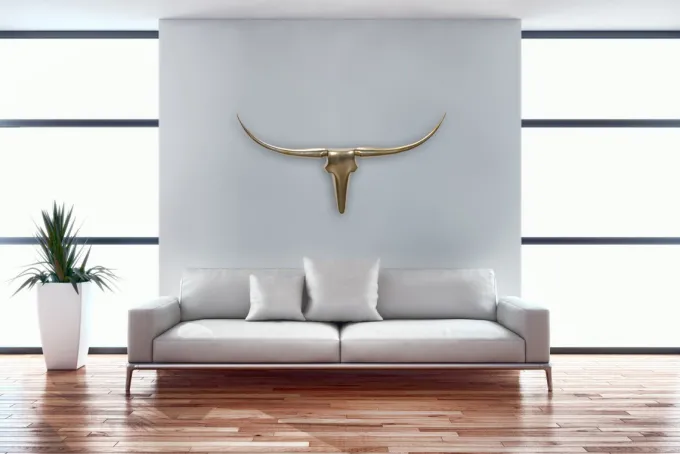 FineBuy Deko Geweih Bull M Aluminium Design Hörner 100cm Wanddekoration Gold