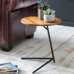 FineBuy Design Beistelltisch Ø 40 cm Couchtisch Sheesham Massivholz Metall
