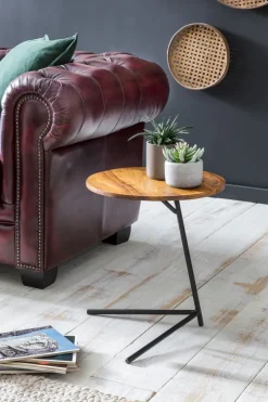 FineBuy Design Beistelltisch Ø 40 cm Couchtisch Sheesham Massivholz Metall
