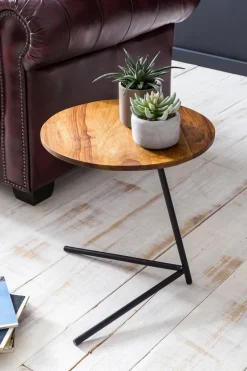 FineBuy Design Beistelltisch Ø 40 cm Couchtisch Sheesham Massivholz Metall