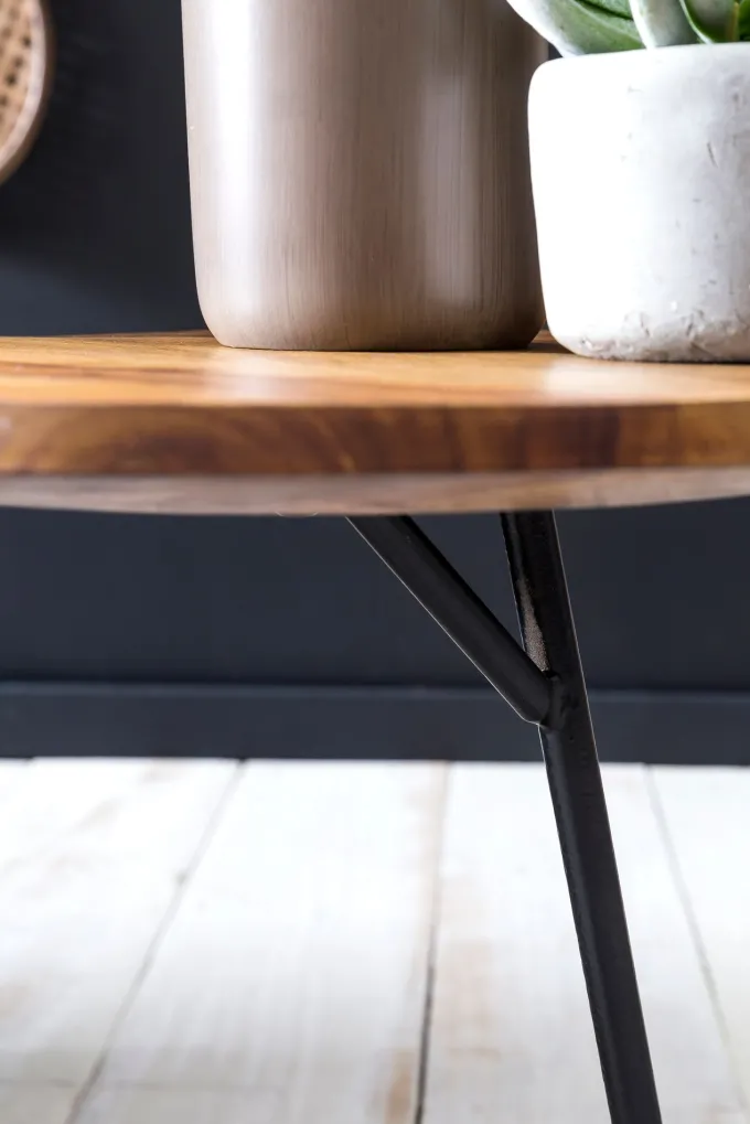 FineBuy Design Beistelltisch Ø 40 cm Couchtisch Sheesham Massivholz Metall