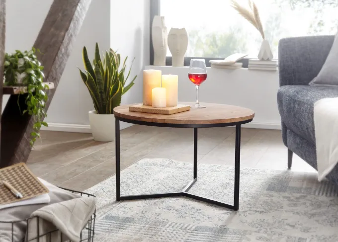 FineBuy Design Couchtisch Akazie Massivholz rund 60 cm Kleiner Wohnzimmertisch