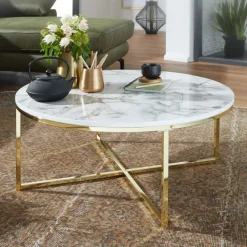 FineBuy Design Couchtisch Marmor Optik Wohnzimmertisch Ø 80 cm Tisch Rund Metall