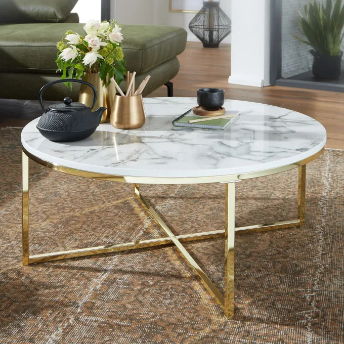 FineBuy Design Couchtisch Marmor Optik Wohnzimmertisch Ø 80 cm Tisch Rund Metall