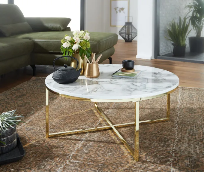 FineBuy Design Couchtisch Marmor Optik Wohnzimmertisch Ø 80 cm Tisch Rund Metall