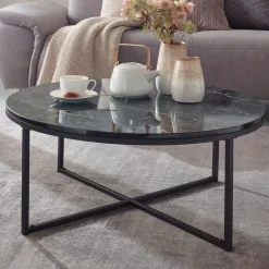 FineBuy Design Couchtisch Marmor Optik Wohnzimmertisch Ø 80 cm Tisch Rund Metall