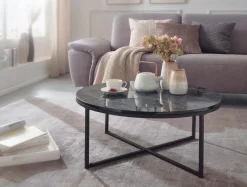 FineBuy Design Couchtisch Marmor Optik Wohnzimmertisch Ø 80 cm Tisch Rund Metall