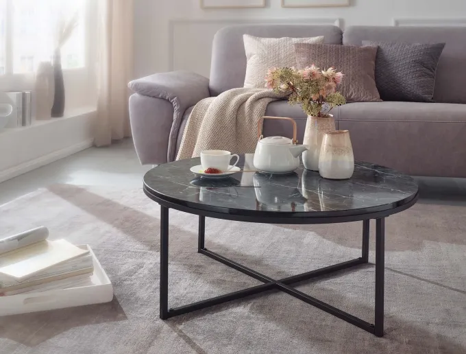 FineBuy Design Couchtisch Marmor Optik Wohnzimmertisch Ø 80 cm Tisch Rund Metall