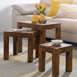 FineBuy Design Sheesham 3-teiliger Satz Beistell Tisch Massivholz Couchtisch