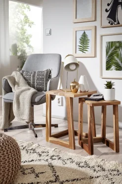 FineBuy 2er Set Beistelltisch Massivholz Wohnzimmer-Tisch Nachttisch Satztisch