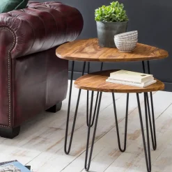 FineBuy 2er Set Beistelltisch FB51455 Sheesham Holz Metall Wohnzimmer Couchtisch